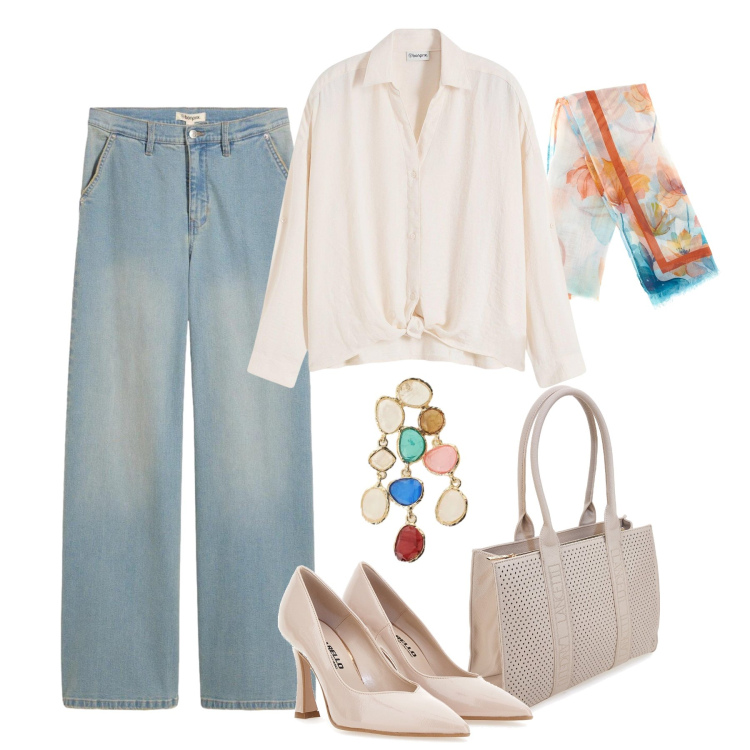 Outfit donna - Fuori dagli schemi di giorno. Stile Casual chic per Tutti i giorni. Abbinamento con jeans dritti, bluse, orecchini, décolleté, borse a spalla, foulard.