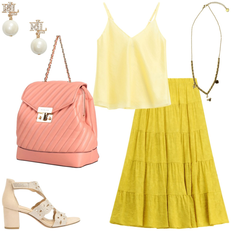 Outfit donna - Benvenuta estate. Stile Trendy per Tutti i giorni. Abbinamento con zaini, sandali col tacco, gonne lunghe, ciondoli, top, orecchini.