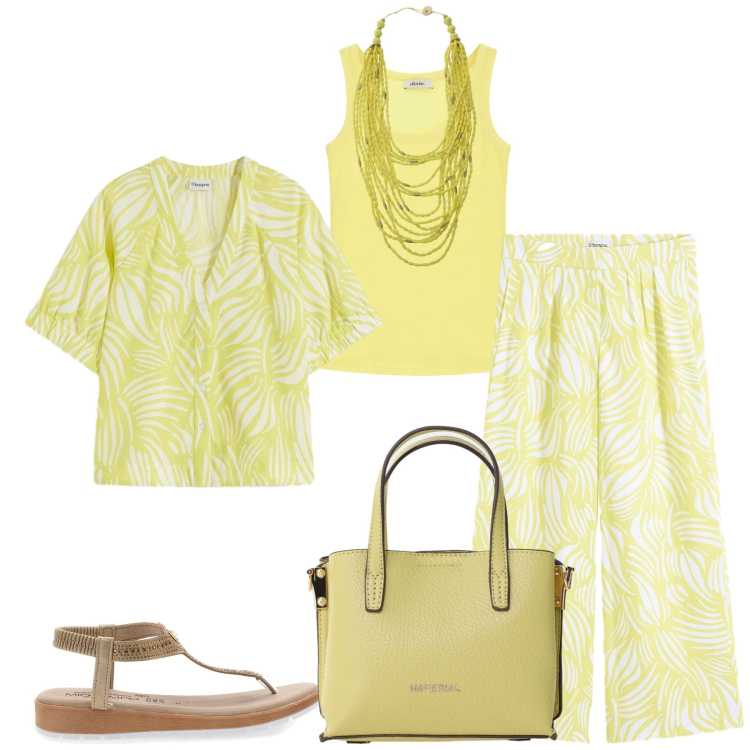 Outfit donna - Total look #2411240. Stile Casual chic per Tutti i giorni. Abbinamento con pantaloni a palazzo, camicie a manica corta, borse a tracolla, collane, top, infradito.