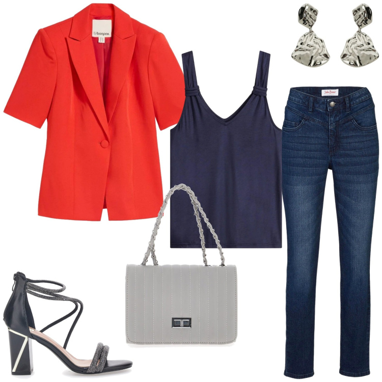 Outfit donna - Incontro nel pomeriggio. Stile Casual chic per Tutti i giorni. Abbinamento con blazer, jeans skinny, top, orecchini, sandali col tacco, borse a tracolla.