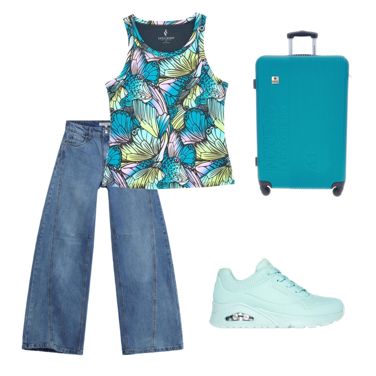 Outfit donna - Pronta a Partire. Stile Casual chic per Mare. Abbinamento con jeans, canottiere, sneakers, valigie.