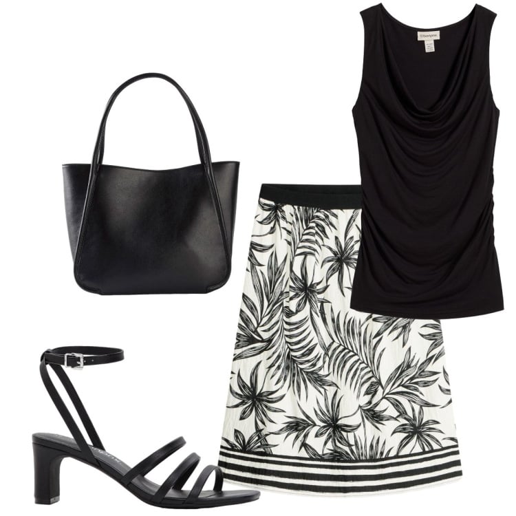 Outfit donna - Nero d’estate. Stile Urban Abbinamento con gonne, top, sandali col tacco, shopping bag.