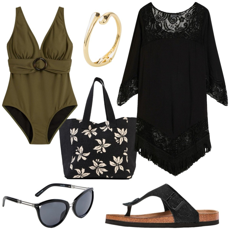 Outfit donna - Diva in spiaggia.... Stile Glamour per Mare. Abbinamento con vestiti da spiaggia, costumi interi, infradito, occhiali da sole, braccialetti, shopping bag.