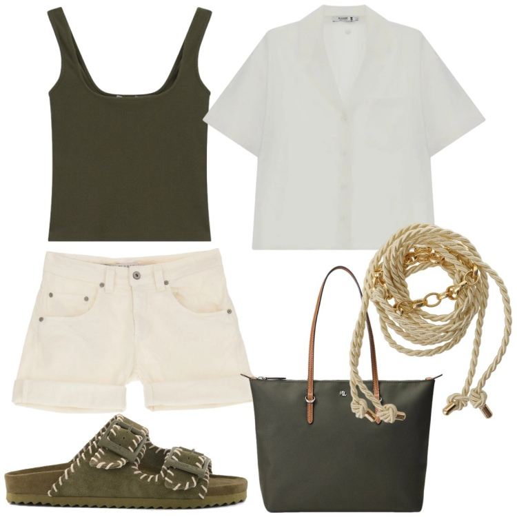 Outfit donna - Tessuti naturali. Stile Casual chic per Tutti i giorni. Abbinamento con shorts, camicie a manica corta, top, cinture, borse tote, sandali in pelle.
