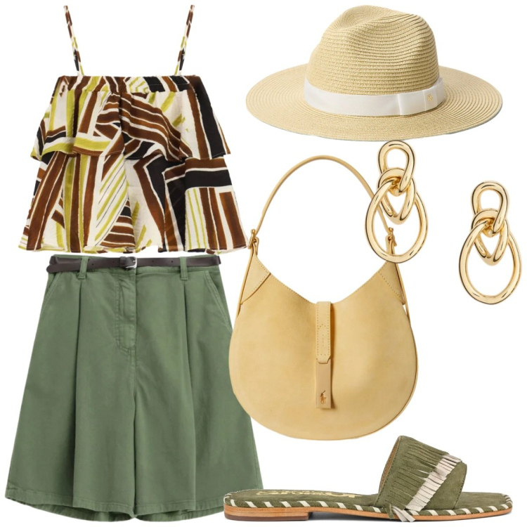 Outfit donna - Please - Slow Pleasure. Stile Casual chic per Tutti i giorni. Abbinamento con shorts, top, borse a spalla, orecchini, cappelli, ciabatte.