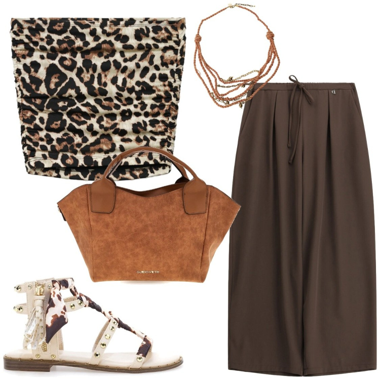 Outfit donna - Segni di Stile: animo maculato e terroso. Stile Chic per Serata fuori. Abbinamento con top, collane, pantaloni a palazzo, borse a mano, sandali.