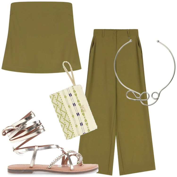 Outfit donna - Doppio animo : comfort ed eleganza. Stile Chic per Serata fuori. Abbinamento con pantaloni a palazzo, top, collane, sandali alla schiava, pochette.