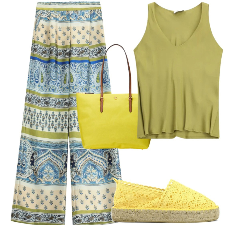 Outfit donna - Decisi e liberi di esprimersi. Stile Chic per Tutti i giorni. Abbinamento con pantaloni a palazzo, top, borse tote, espadrillas.