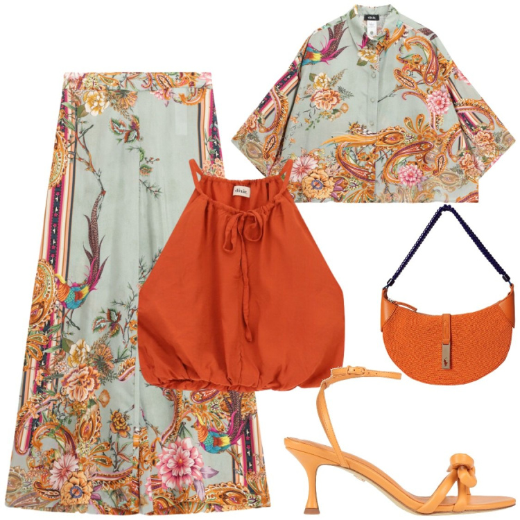 Outfit donna - Fascino botanico con note zafferano. Stile Glamour per Serata fuori. Abbinamento con sandali in pelle, pantaloni a palazzo, camicie, top, borse a spalla.