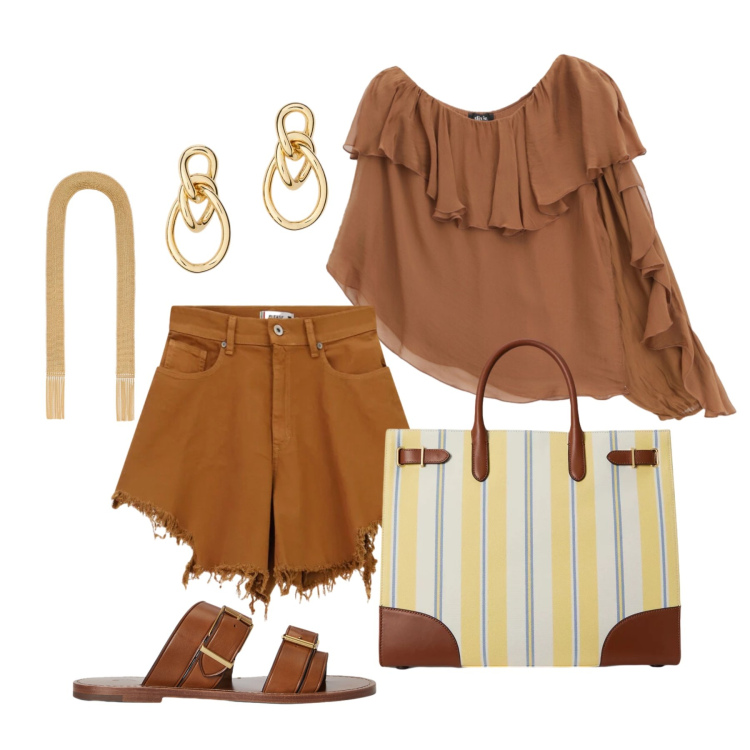 Outfit donna - Giugno. Stile Glamour per Tutti i giorni. Abbinamento con shorts, bluse, borse tote, sandali in pelle, orecchini, collane.