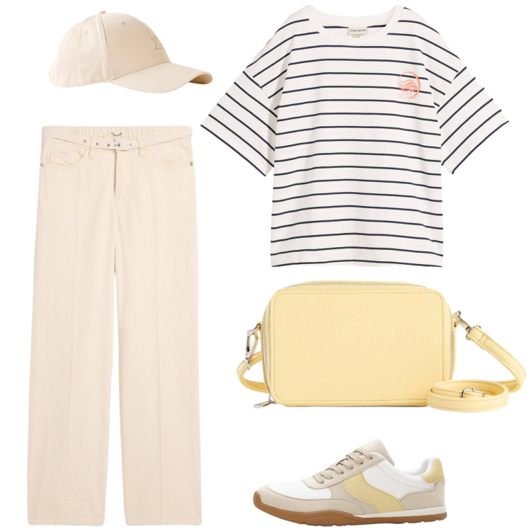 Outfit donna - Dettagli tenui. Stile Basic per Tutti i giorni. Abbinamento con jeans dritti, borse a tracolla, t-shirt, sneakers, cappelli con visiera.