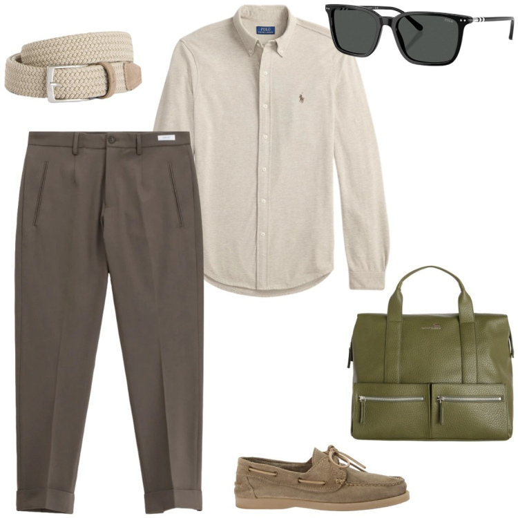 Outfit uomo - La camicia in lino. Stile Urban per Ufficio. Abbinamento con pantaloni, cinture, borse sportive, scarpe stringate, occhiali da sole, camicie.