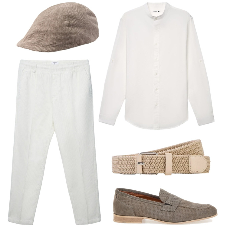 Outfit uomo - Fresco bianco. Stile Casual per Serata speciale. Abbinamento con cinture, pantaloni, camicie, cappelli e berretti, scarpe stringate.