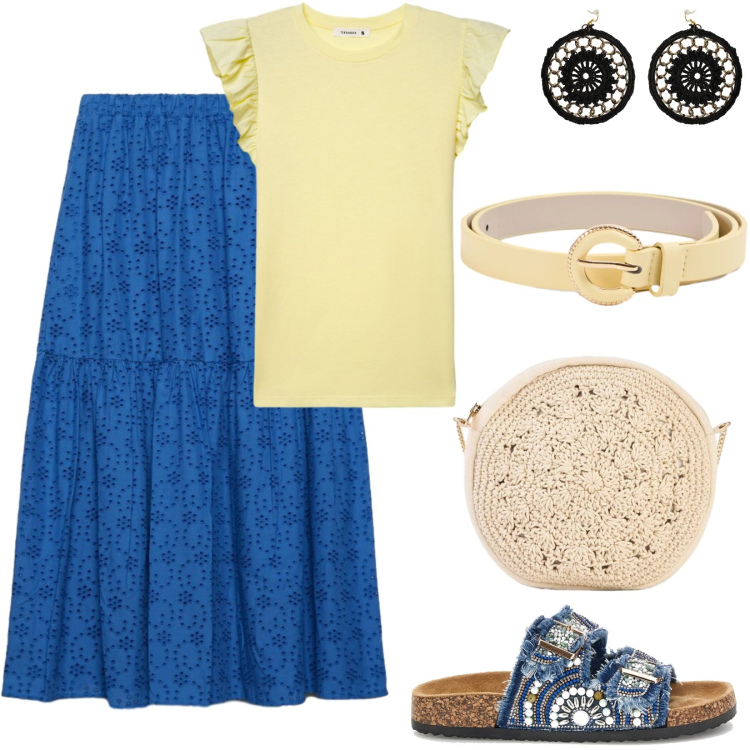 Outfit donna - Un tocco di giallo. Stile Boho per Tutti i giorni. Abbinamento con borse a tracolla, t-shirt, cinture, gonne lunghe, orecchini, ciabatte.