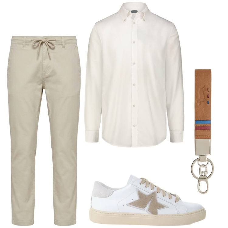 Outfit uomo - Casual in bianco. Stile Casual per Tutti i giorni. Abbinamento con sneakers, portachiavi, pantaloni, camicie.