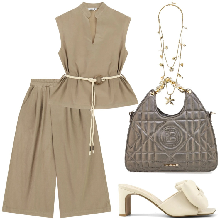 Outfit donna - Coordinato fresco. Stile Minimal per Tutti i giorni. Abbinamento con collane, pantaloni a palazzo, camicie, borse a mano, sandali col tacco.