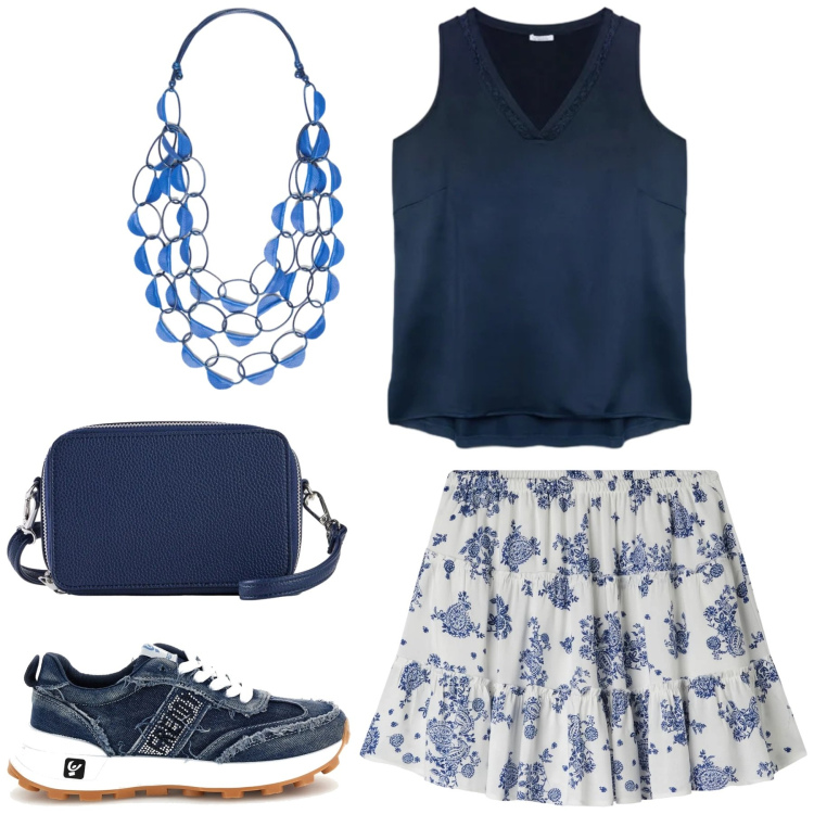 Outfit donna - Total look #2411281. Stile Trendy per Tutti i giorni. Abbinamento con borse a tracolla, minigonne, collane, top, sneakers.