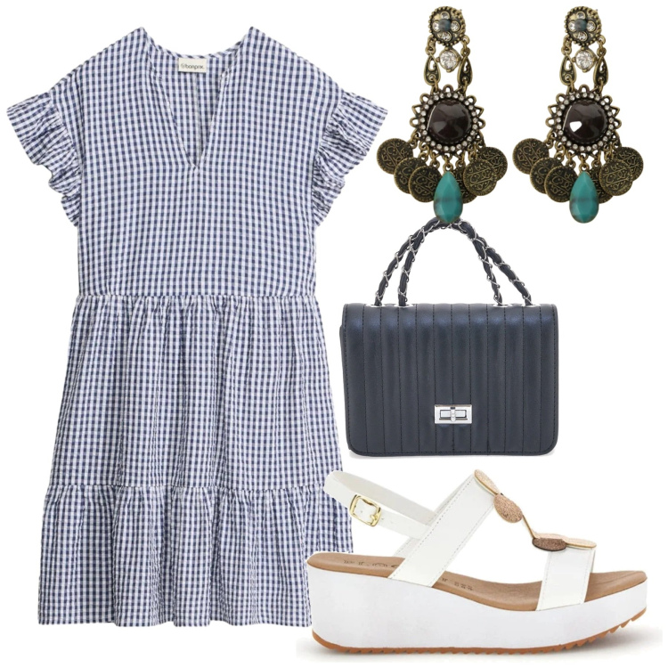 Outfit donna - Total look #2411285. Stile Minimal per Tutti i giorni. Abbinamento con vestiti corti, orecchini, borse a tracolla, zeppe.