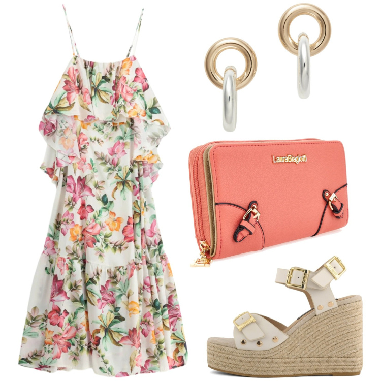 Outfit donna - Vestito floreale e zeppe. Stile Romantica per Tutti i giorni. Abbinamento con vestiti lunghi, orecchini, zeppe, portafogli.