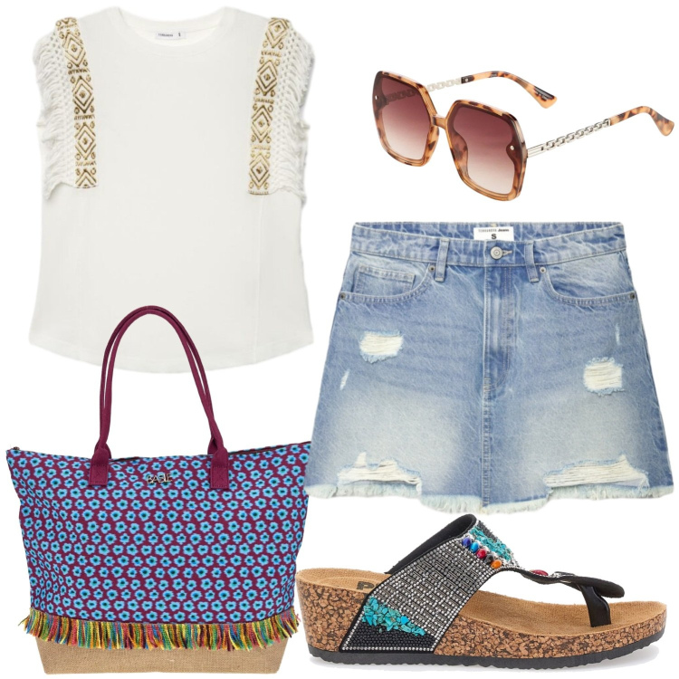 Outfit donna - Gita al mare. Stile Basic per Tutti i giorni. Abbinamento con occhiali da sole, minigonne, t-shirt, borse a spalla, infradito.
