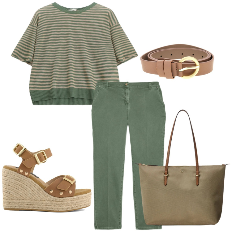 Outfit donna - Total look #2411293. Stile Casual per Ufficio. Abbinamento con maglieria, pantaloni chino, borse tote, zeppe, cinture.