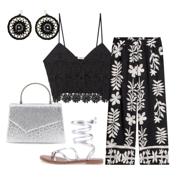Outfit donna - Originale per la serata-gemelli 4. Stile Boho per Serata fuori. Abbinamento con pantaloni, top, orecchini, sandali alla schiava, pochette.
