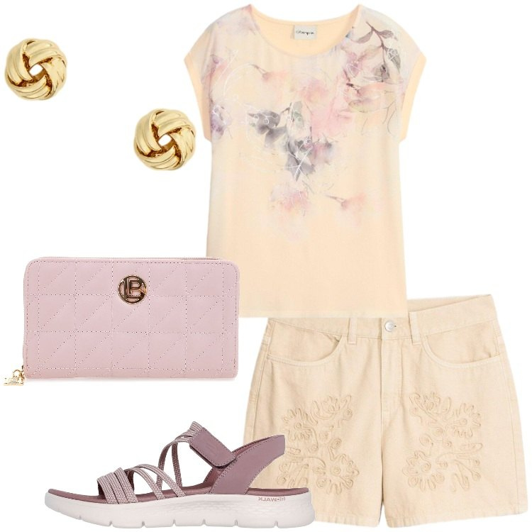 Outfit donna - Estate romantica. Stile Romantica per Tutti i giorni. Abbinamento con bermuda, t-shirt, orecchini, sandali, portafogli.