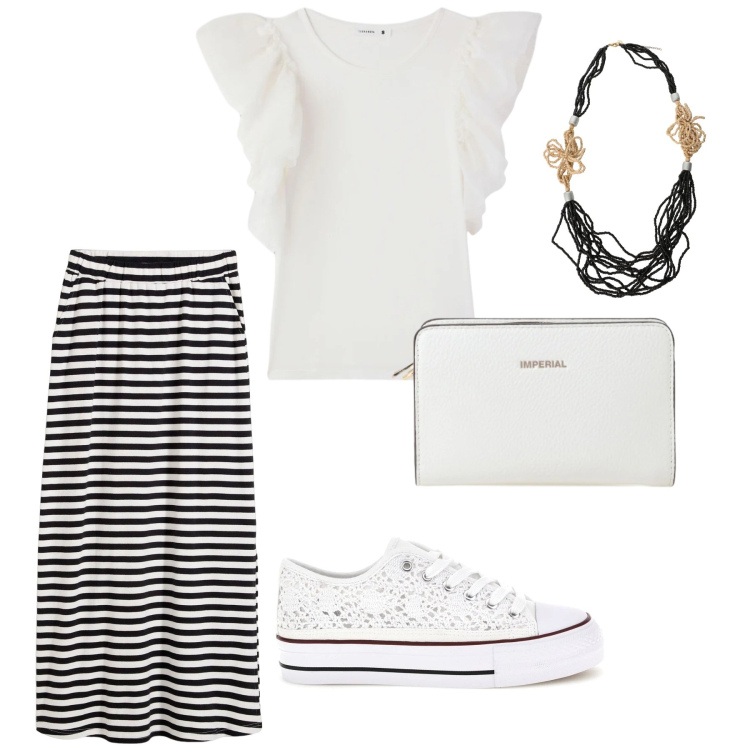 Outfit donna - Total look #2411299. Stile Romantica per Tutti i giorni. Abbinamento con gonne lunghe, t-shirt, borse a tracolla, collane, sneakers.