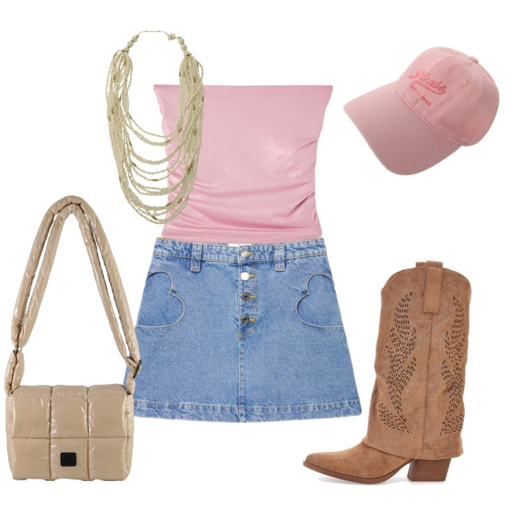 Outfit donna - Aperitivo con le amiche-gemelli 3. Stile Glamour per Tutti i giorni. Abbinamento con top, minigonne, collane, cappelli, borse a spalla, stivaletti texani.