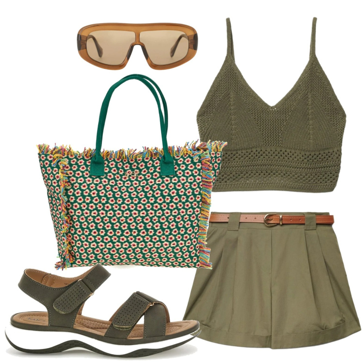 Outfit donna - Weekend al mare. Stile Basic per Tutti i giorni. Abbinamento con shorts, canottiere, occhiali da sole, sandali, shopping bag.
