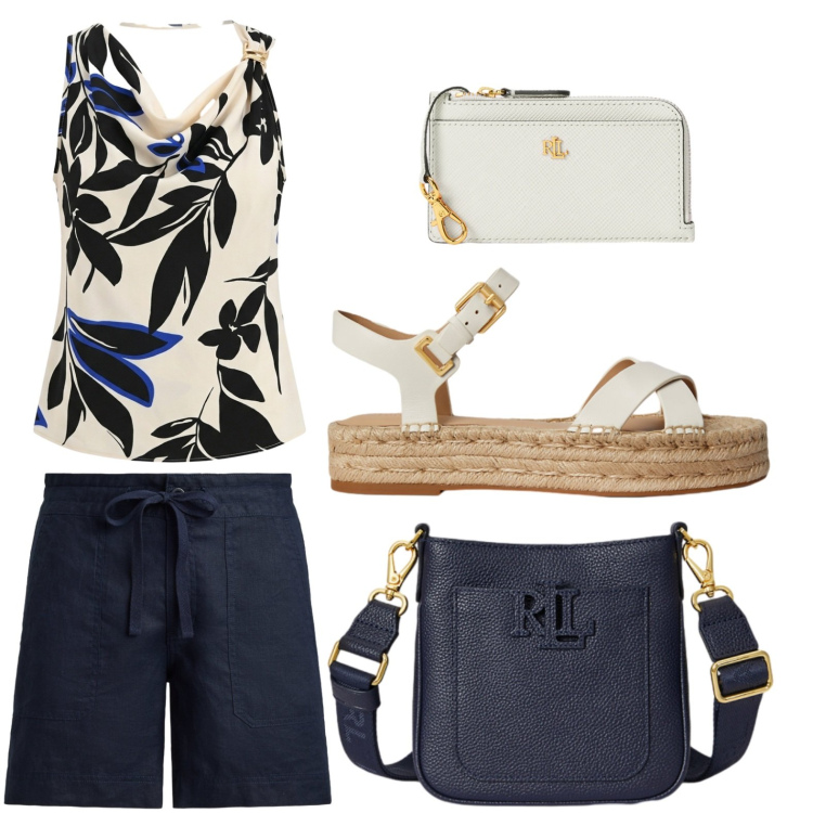 Outfit donna - Spigliata e glam. Stile Basic per Tutti i giorni. Abbinamento con canottiere, shorts, espadrillas, borse a tracolla, portafogli.