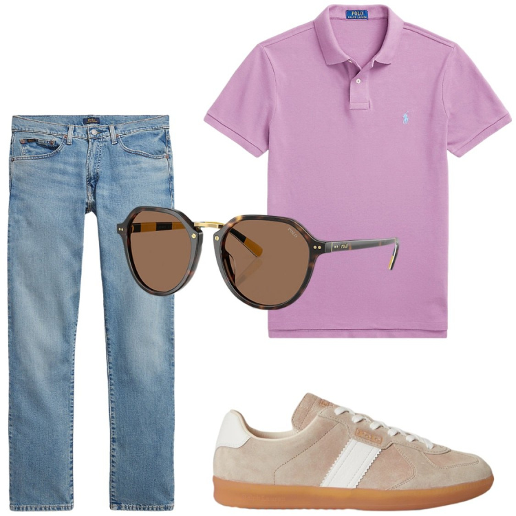 Outfit uomo - Che bel colore. Stile Casual per Tutti i giorni. Abbinamento con polo, jeans, sneakers, occhiali da sole.