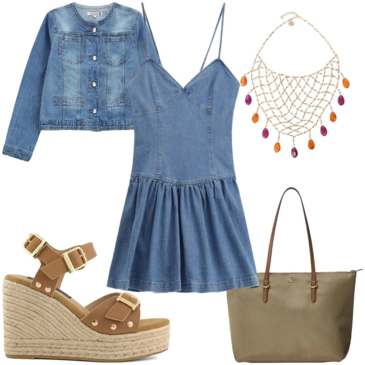 Outfit donna - Please - estate in denim. Stile Trendy per Tutti i giorni. Abbinamento con vestiti corti, blazer, collane, borse tote, zeppe.