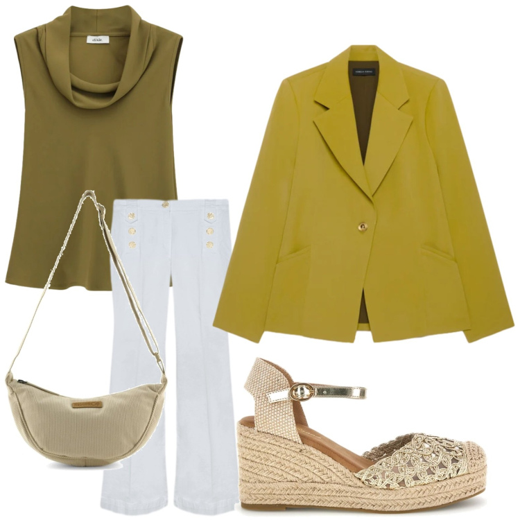 Outfit donna - Elementi ocra. Stile Bon Ton per Ufficio. Abbinamento con top, jeans, blazer, zeppe, borse a tracolla.