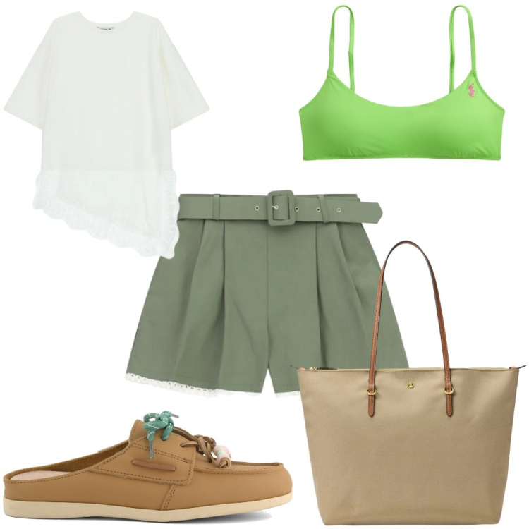 Outfit donna - Please : minimal al mare. Stile Minimal per Mare. Abbinamento con top, shorts, bikini, borse tote, sabot.