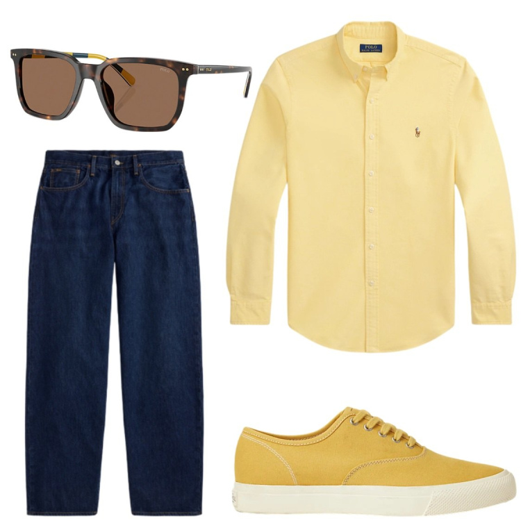 Outfit uomo - Jeans largo e giallo. Stile Casual per Serata speciale. Abbinamento con sneakers, jeans, occhiali da sole, camicie.
