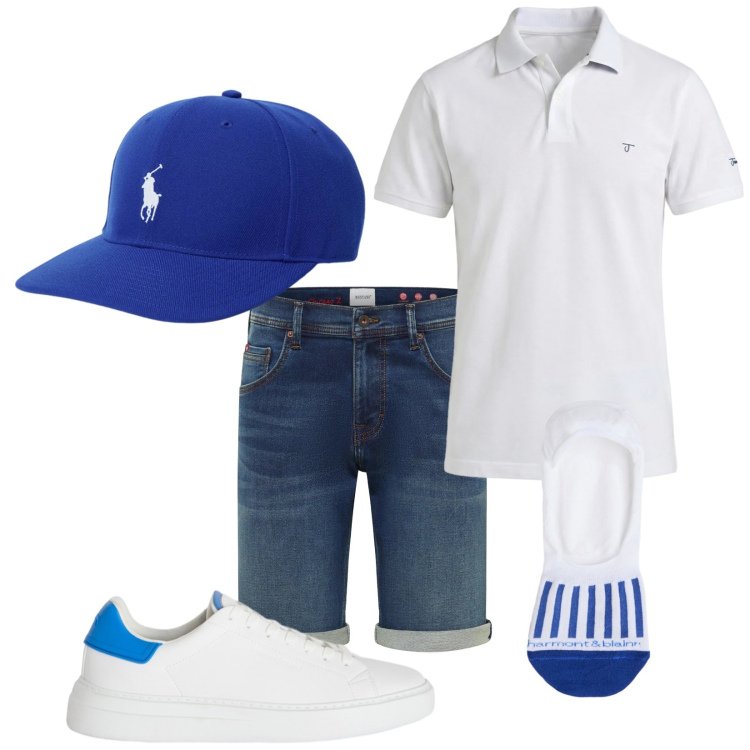 Outfit uomo - Sul lungomare. Stile Casual per Tutti i giorni. Abbinamento con bermuda, sneakers, calzini, polo, cappelli con visiera.