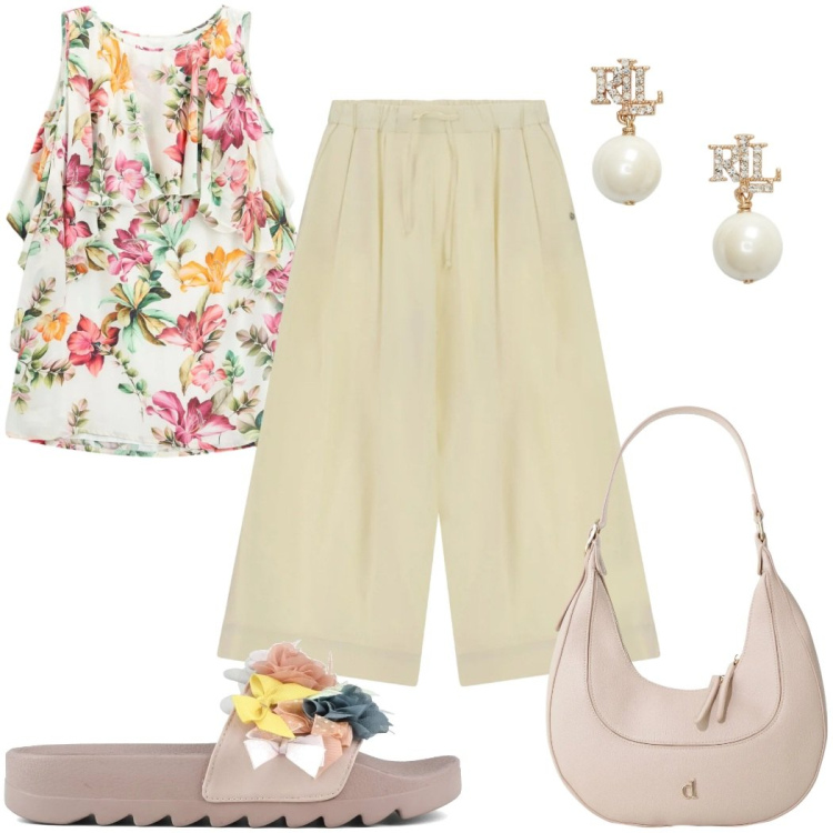 Outfit donna - Please - Slow Pleasure: floreale. Stile Romantica per Mare. Abbinamento con vestiti corti, pantaloni a palazzo, borse a tracolla, orecchini, ciabatte.