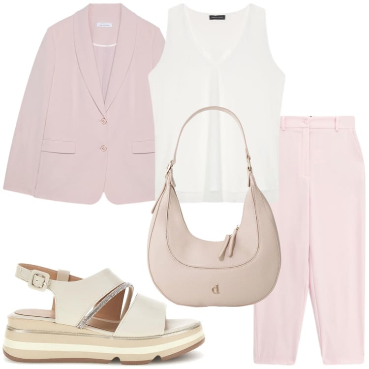 Outfit donna - Total look #2411327. Stile Casual per Ufficio. Abbinamento con pantaloni, borse a tracolla, blazer, top, sandali col tacco.
