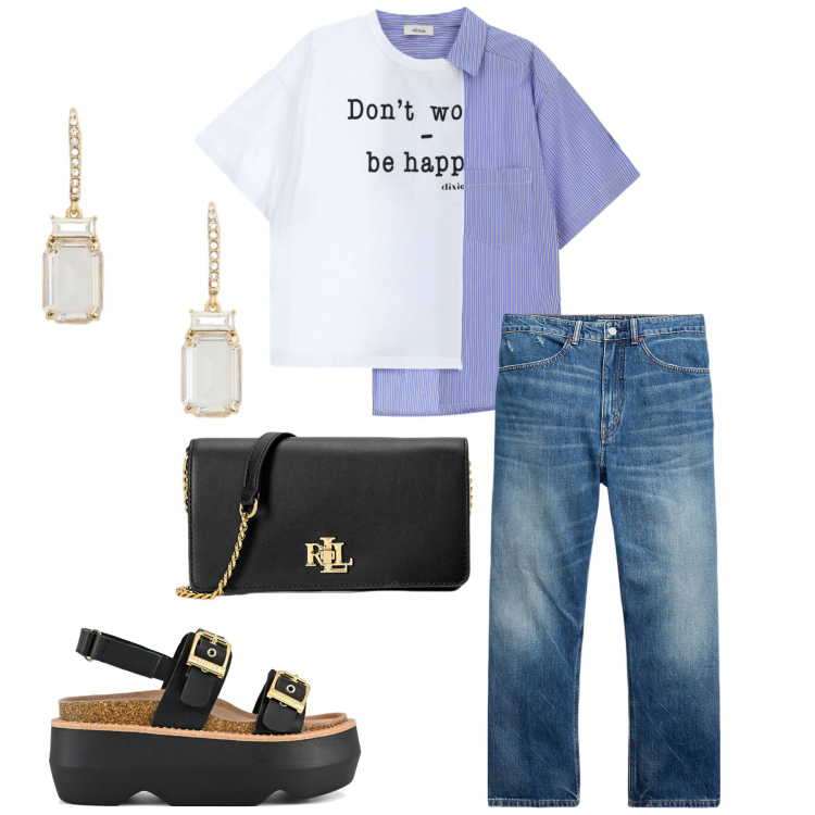 Outfit donna - Total look #2411330. Stile Glamour per Serata fuori. Abbinamento con t-shirt, borse a mano, jeans, orecchini, sandali col tacco.