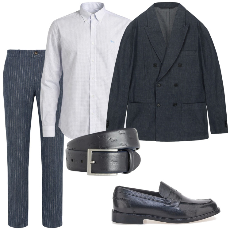 Outfit uomo - Giacca doppiopetto. Stile Business/Elegante per Ufficio. Abbinamento con giacche, cinture, camicie, pantaloni, scarpe stringate.
