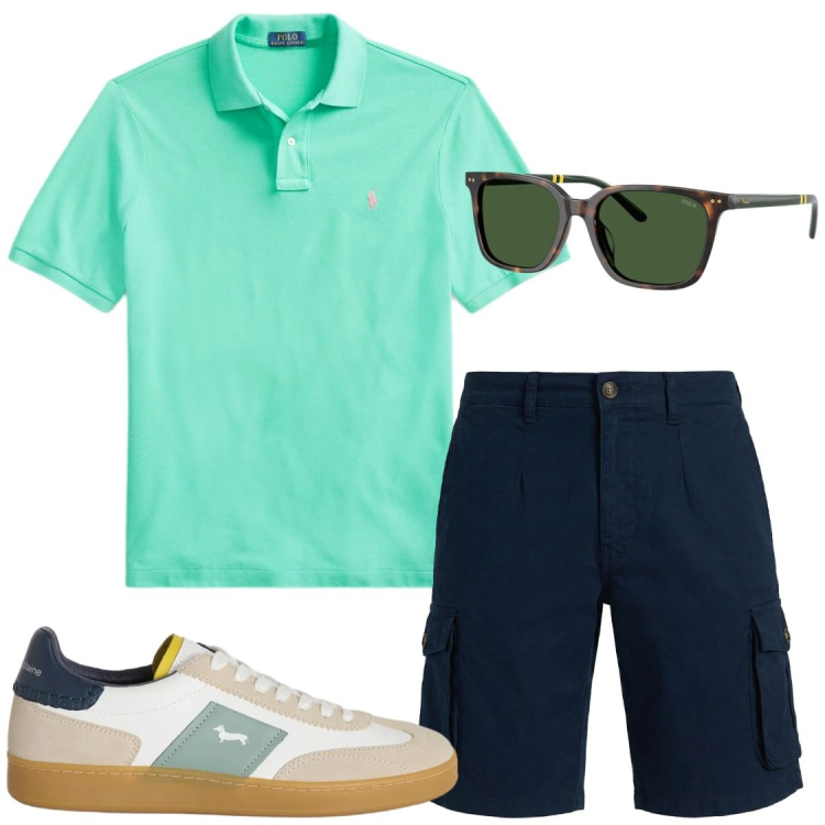 Outfit uomo - Polo colorate. Stile Casual per Tutti i giorni. Abbinamento con sneakers, bermuda, polo, occhiali da sole.