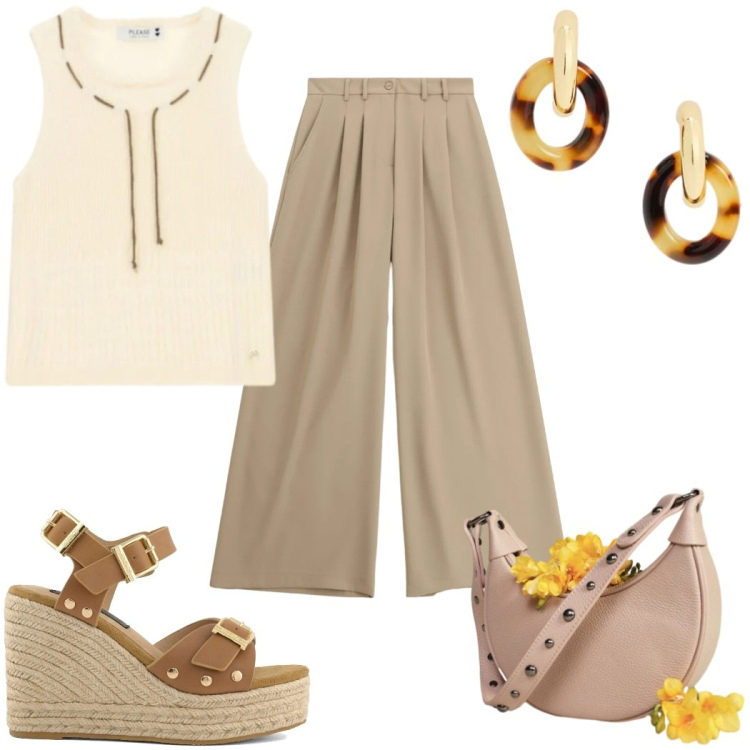 Outfit donna - Please - colori neutri. Stile Minimal per Tutti i giorni. Abbinamento con pantaloni a palazzo, top, borse a spalla, orecchini, zeppe.