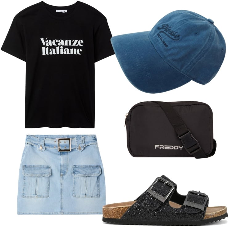 Outfit donna - Vacanze italiane. Stile Casual per Tutti i giorni. Abbinamento con minigonne, t-shirt, cappelli, borse a tracolla, sandali.