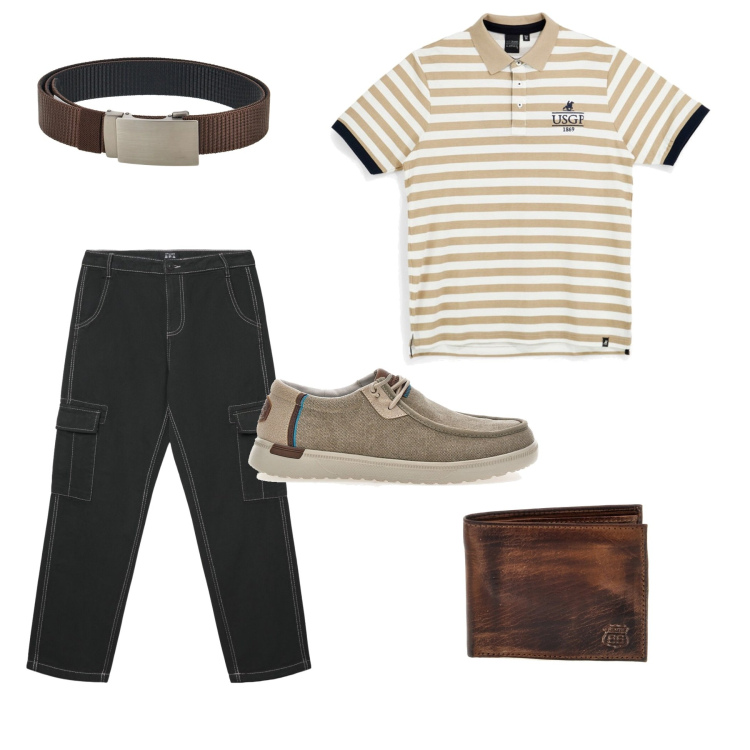 Outfit uomo - Weekend in Beige. Stile Casual per Tutti i giorni. Abbinamento con pantaloni cargo, portafogli, scarpe stringate, cinture, polo.