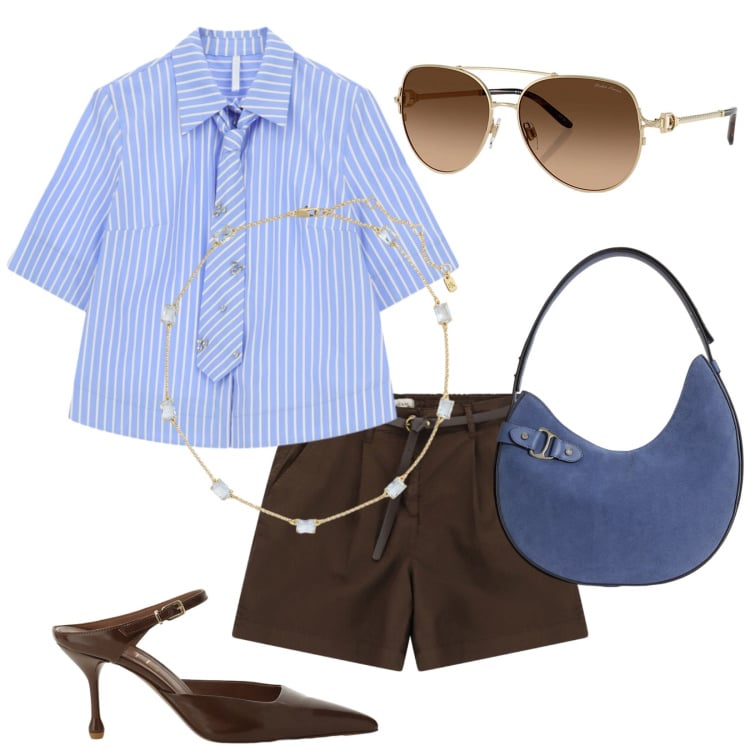 Outfit donna - Mix. Stile Casual chic per Tutti i giorni. Abbinamento con camicie a manica corta, décolleté, shorts, occhiali da sole, collane, borse a spalla.