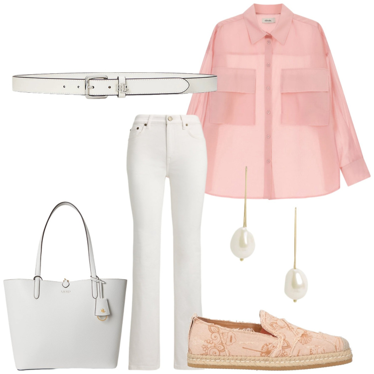 Outfit donna - Total look #2411340. Stile Romantica per Tutti i giorni. Abbinamento con espadrillas, camicie, orecchini, jeans dritti, borse tote, cinture.