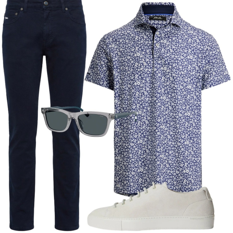 Outfit uomo - Polo in jersey stretch traspirante. Stile Casual per Serata speciale. Abbinamento con pantaloni, polo, sneakers, occhiali da sole.