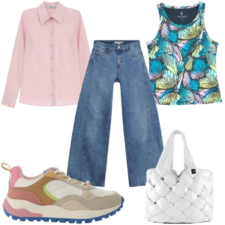 Outfit donna - Oroscopo I gemelli: layering casual. Stile Casual per Tutti i giorni. Abbinamento con camicie, jeans, sneakers, borse tote, canottiere.