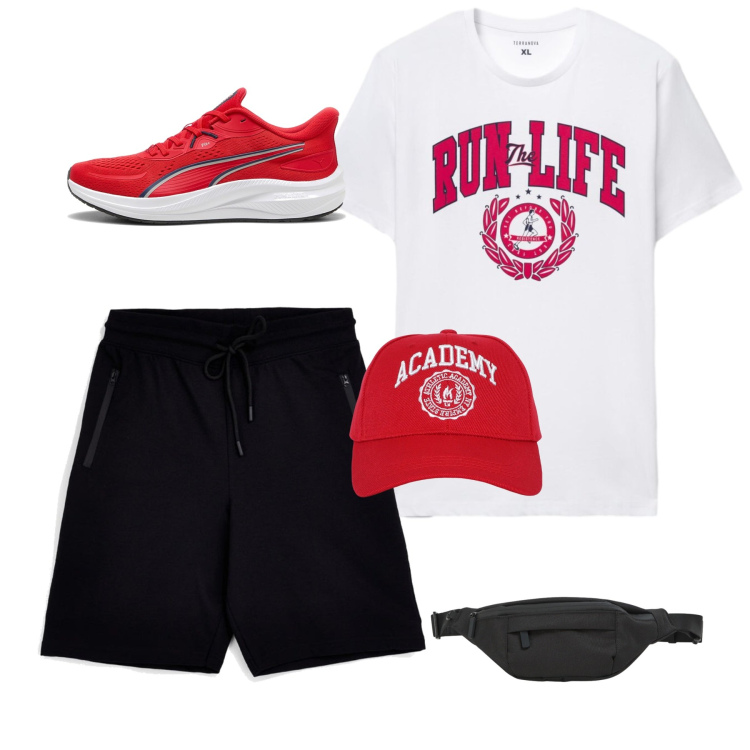 Outfit uomo - Run & Relax. Stile Urban per Tutti i giorni. Abbinamento con cappelli, t-shirt, borse sportive, sneakers alte, shorts.